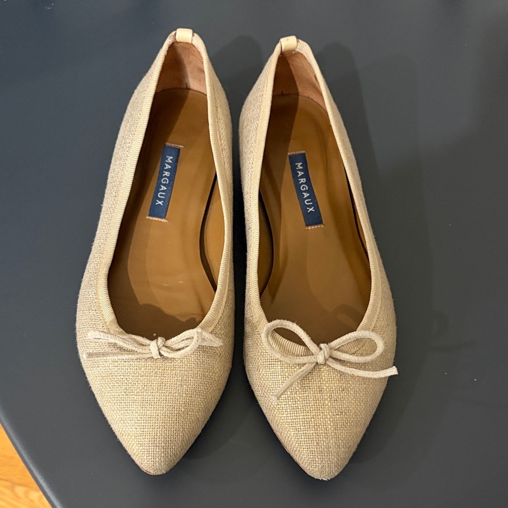 Margaux Natural Linen-Textured Pointed-Toe Flats with Bow